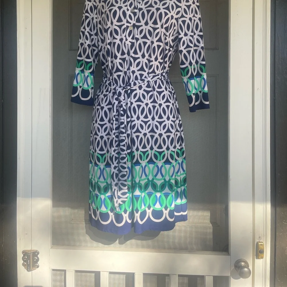 Sandra Darren Navy, Blue & Green Geometric Midi Dress with Belt - Picture 1 of 4